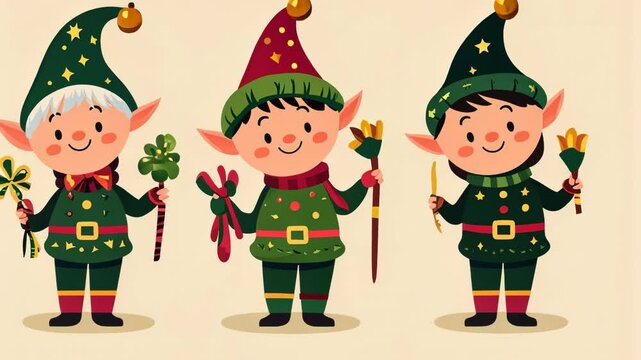 Festive Christmas Cartoon Elf Vector Illustration Set for Kids with Santa and Snowman