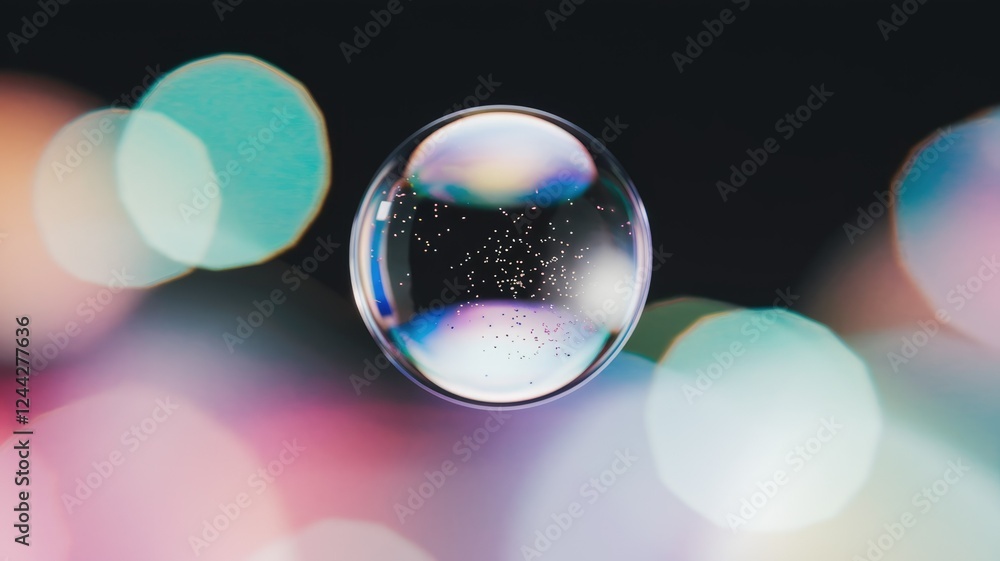 Poster A mesmerizing iridescent soap bubble floats in a bokeh of pastel colors, showcasing its delicate structure and tiny trapped particles.
