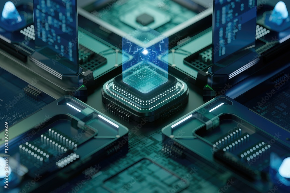 Poster Futuristic technology concept: A central processing unit with glowing data streams, symbolizing advanced computing.