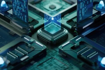Futuristic technology concept: A central processing unit with glowing data streams, symbolizing advanced computing.