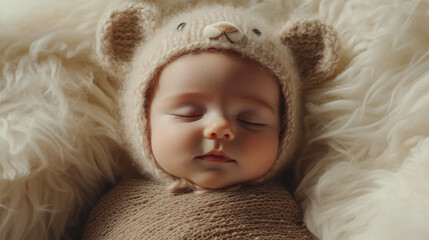 Adorable baby in a bear hat is gently snoozing on a plush blanket, exuding pure innocence and warmth in a serene setting