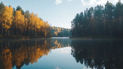 Obraz premium A serene lake surrounded by autumn trees, their reflections creating a perfect mirror on the calm water