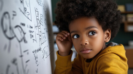 Curious child solving math problem on whiteboard in classroom