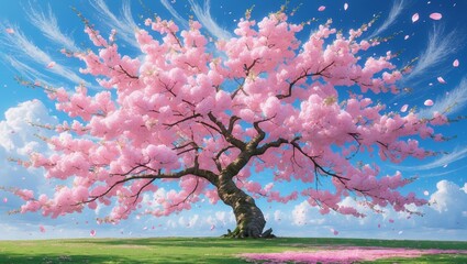 Cherry blossom tree stands prominently in a vibrant spring landscape under a bright blue sky with fluffy clouds