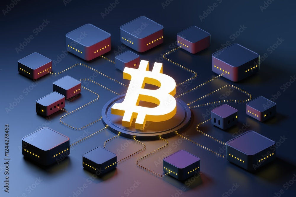 Poster Bitcoin network visualized: a glowing Bitcoin symbol interconnected with numerous data servers, representing decentralized blockchain technology.