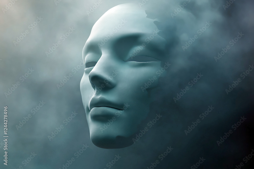Poster a digital mask floating in front of a human face, symbolizing identity manipulation in the age of de
