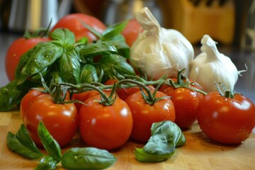 Ripe tomatoes on the vine, fresh basil leaves, and garlic bulbs rest on a wooden cutting board, ready for cooking