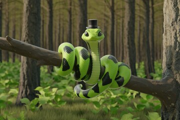 A charming lime green snake with a tiny top hat perched on a forest branch.