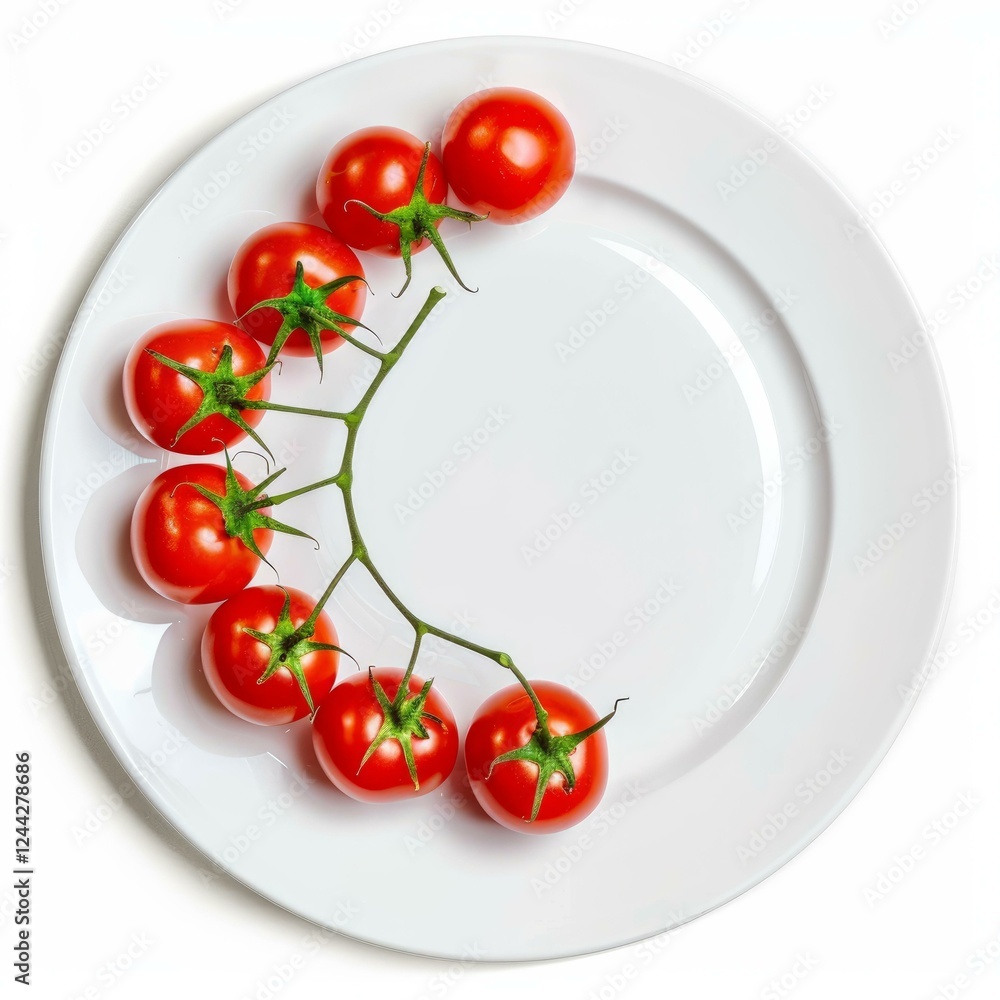Poster freshly picked cherry tomatoes on the vine are artfully arranged on a pristine white plate, creating
