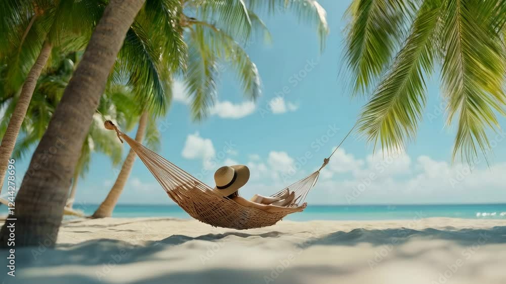 Poster palm trees provide shade for a tourist wearing a straw hat, lying in a hammock on a sandy beach, enj