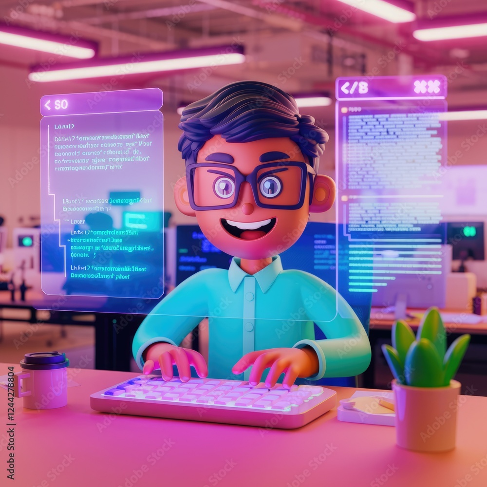 Poster A 3D cartoon programmer enthusiastically codes, surrounded by glowing screens displaying lines of code.