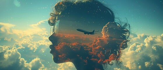 Double exposure, a person on the background of a plane flying in the sky