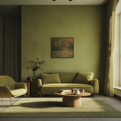 A cozy modern living room interior with olive green walls, matching furniture, a wooden coffee table, large window with curtains, and a framed landscape painting on the wall