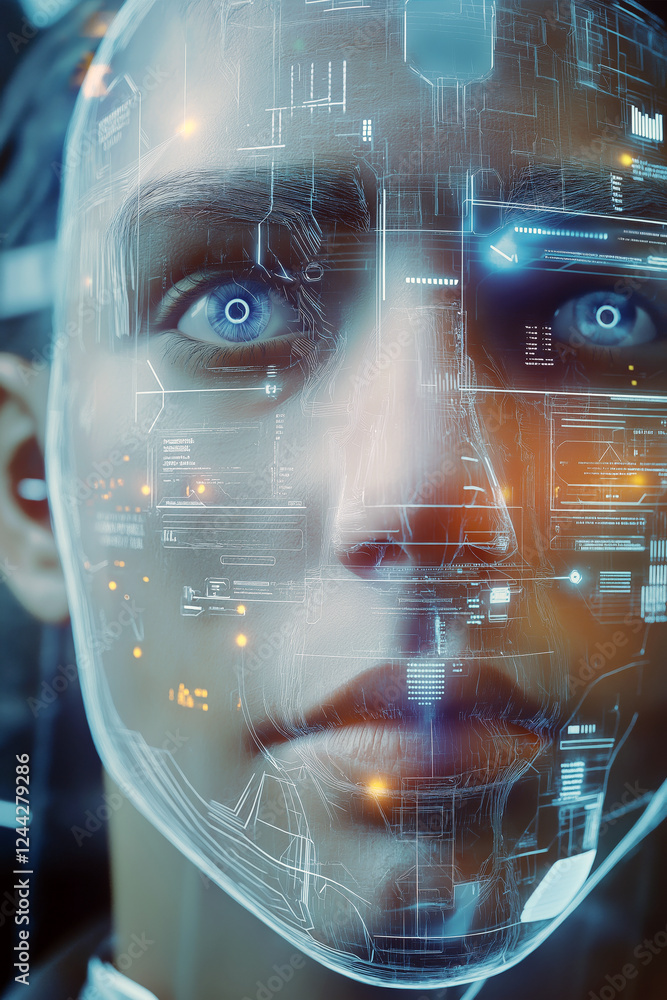 Poster a futuristic digital interface displaying layers of a human face being reconstructed through ai.