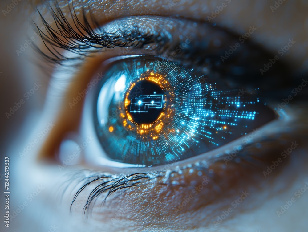 Aufkleber a close-up of an eye with digital elements representing technology and data.