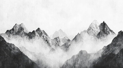Serene Black and White Mountain Drawing in Minimalist Style