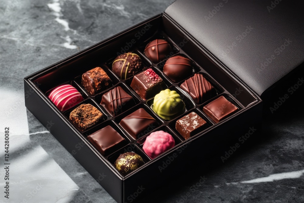 Aufkleber assorted luxury chocolates arranged neatly in a black box on a marble surface