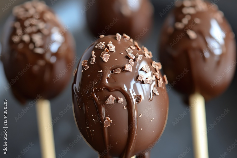 Poster chocolate covered sweets on sticks with decorative flakes served in a modern setting