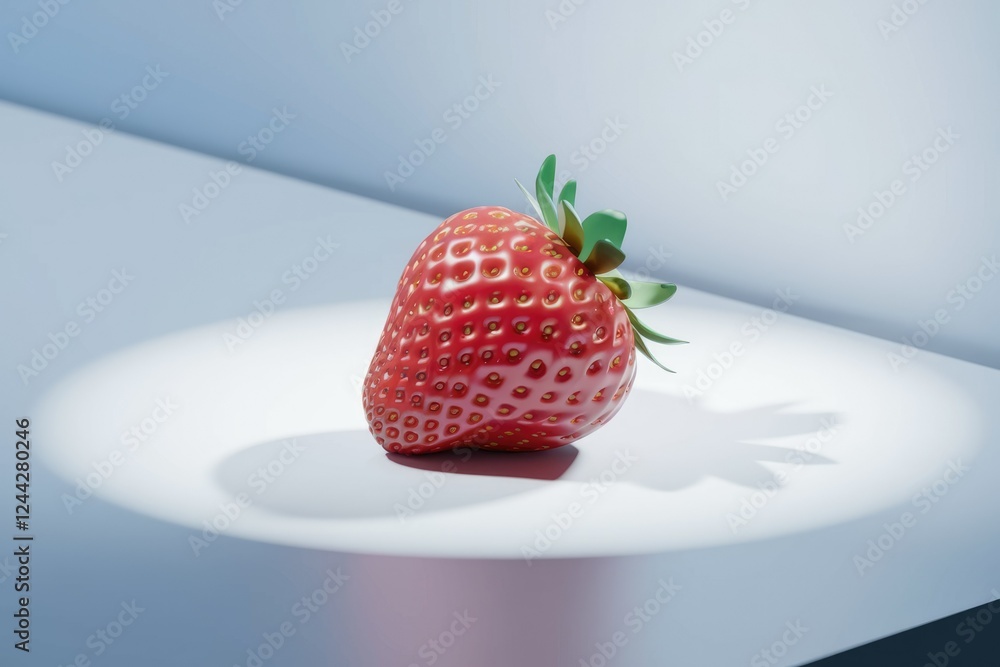 Poster a single, ripe strawberry sits on a white surface, illuminated by a soft light.