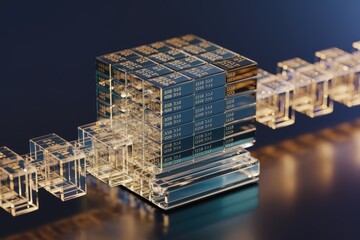 A 3D rendering of a data cube, representing a blockchain or database structure, with interconnected transparent blocks.