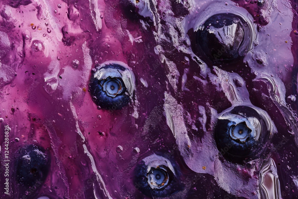 Poster close-up view of blueberries resting in purple jelly with glistening surface and vibrant colors in a