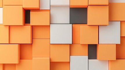 3D rendered wall design with a geometric pattern of orange, white, and dark gray cubes.

