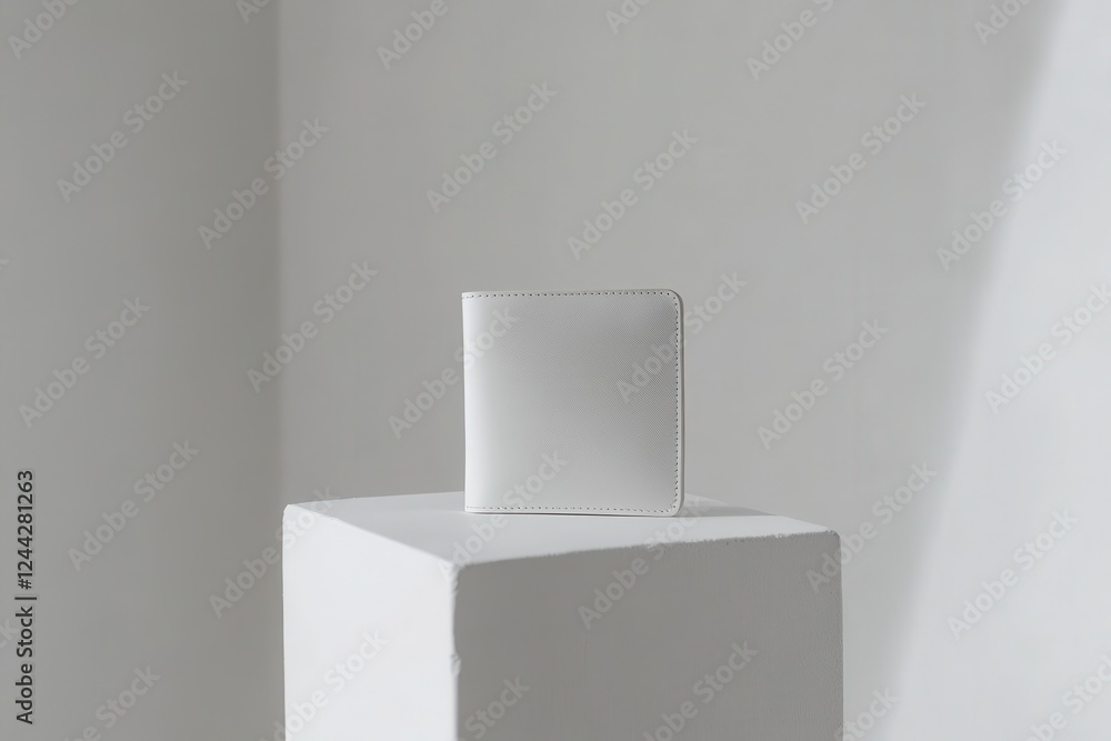 Aufkleber minimalist white wallet displayed on a geometric pedestal in a bright, modern setting during dayligh