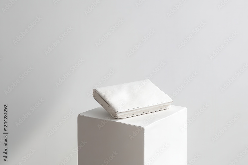 Poster stylish white wallet displayed on a sleek pedestal in minimalistic studio setting