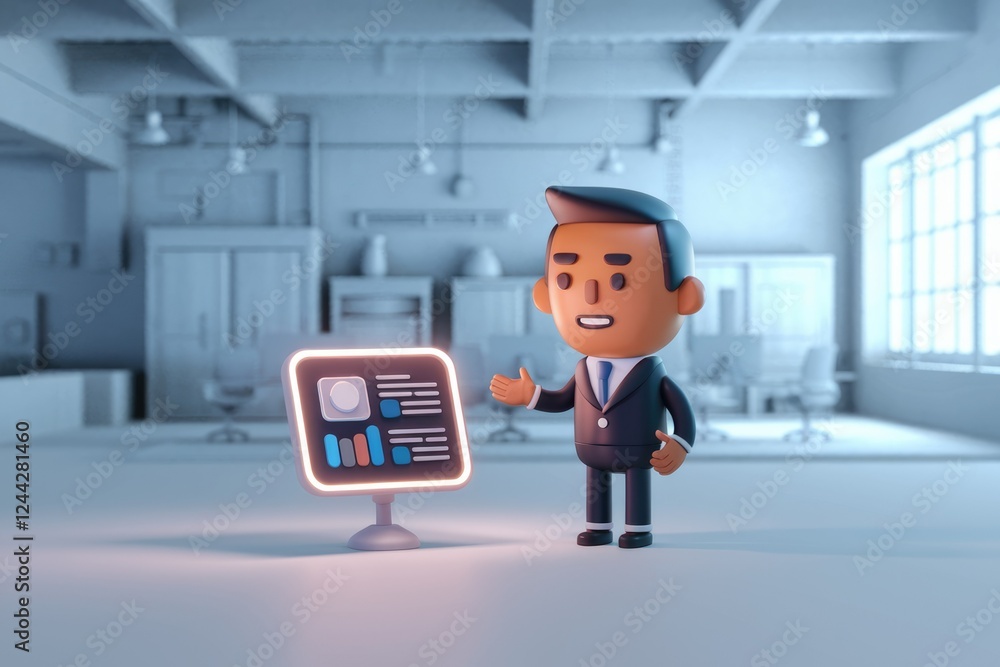 Poster A 3D animated businessman presents a data dashboard in a modern office setting.