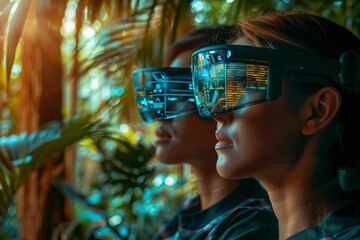 Stylish Business Professionals Utilize AI Technology for Invoice Calculation in Future Workplace