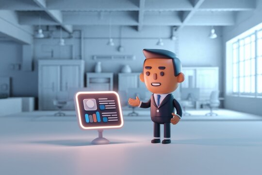 A 3D animated businessman presents a data dashboard in a modern office setting.