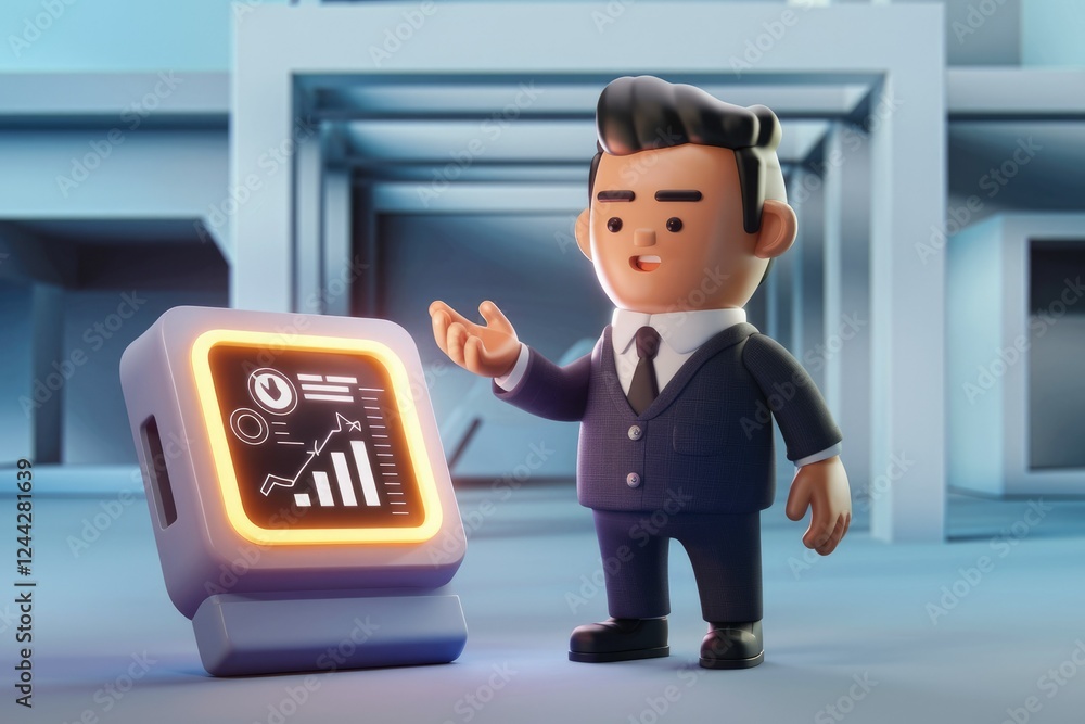 Poster a 3d cartoon businessman presents a glowing device displaying upward trending graphs, symbolizing bu