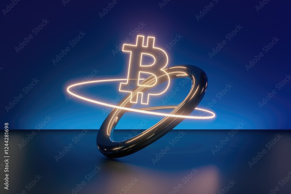 Poster neon bitcoin symbol orbits a sleek ring, representing cryptocurrency's global reach and technologica