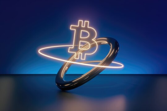 Neon Bitcoin symbol orbits a sleek ring, representing cryptocurrency's global reach and technological innovation.