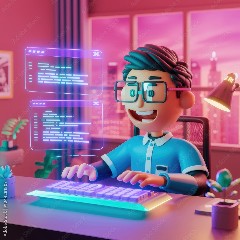 Aufkleber A 3D cartoon programmer coding diligently at night, illuminated by a desk lamp, working on a computer with glowing code windows.