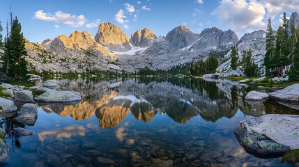 Obraz premium Serene Mountain Lake Reflecting Majestic Peaks and Soft Floating Clouds