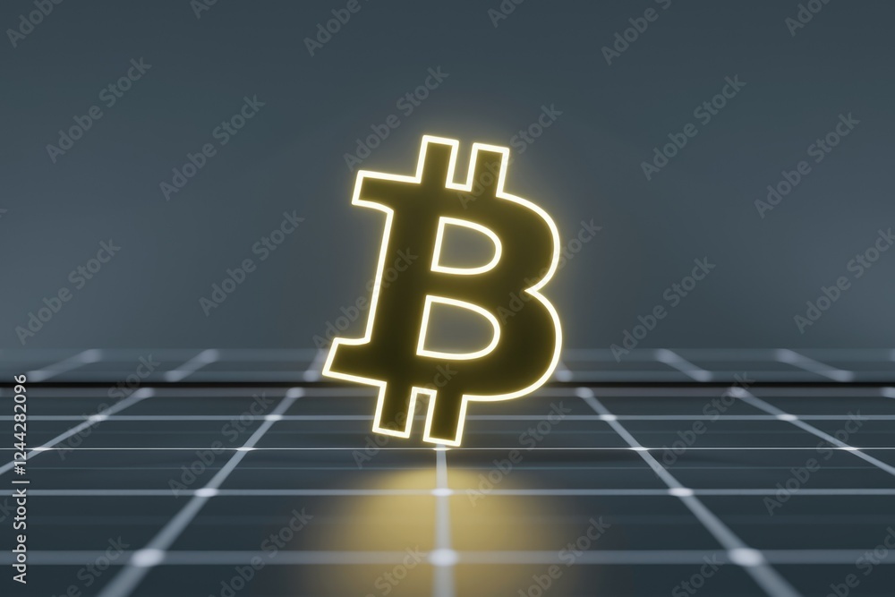 Poster glowing bitcoin symbol on a grid, representing cryptocurrency and digital finance.