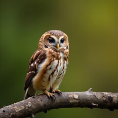 Fototapeta premium Eurasian pygmy owl resting on a weathered branch, alert , bokeh, wood, brown