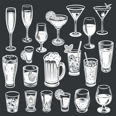 
set of alcoholic drinks white outline on a dark background