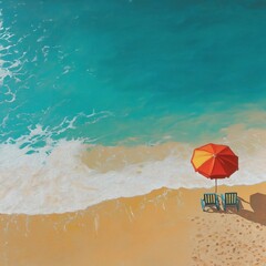 Naklejka premium A tranquil beach scene with golden sand, turquoise waters, beach chairs, and an umbrella under a clear blue sky on a sunny day, a beach with chairs and an umbrella