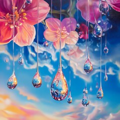Water drops on the background of sky with clouds and flowers. Collage.