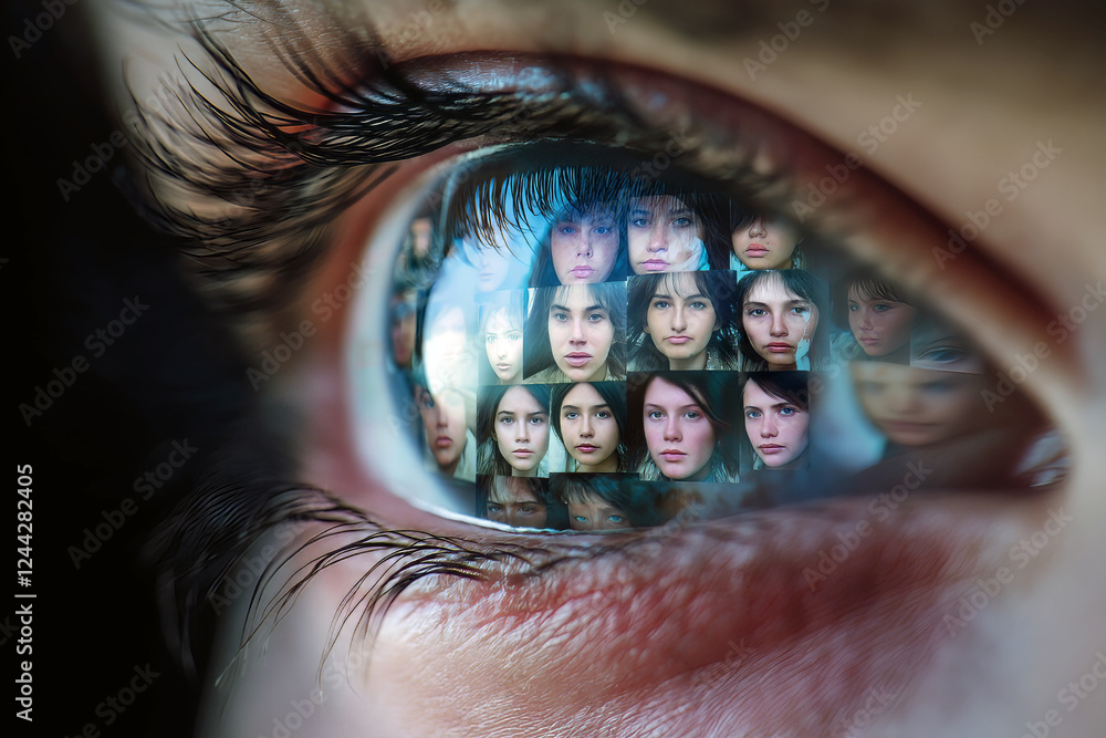 Poster close-up of a human eye with multiple layers of faces reflected in the iris, representing deepfake t