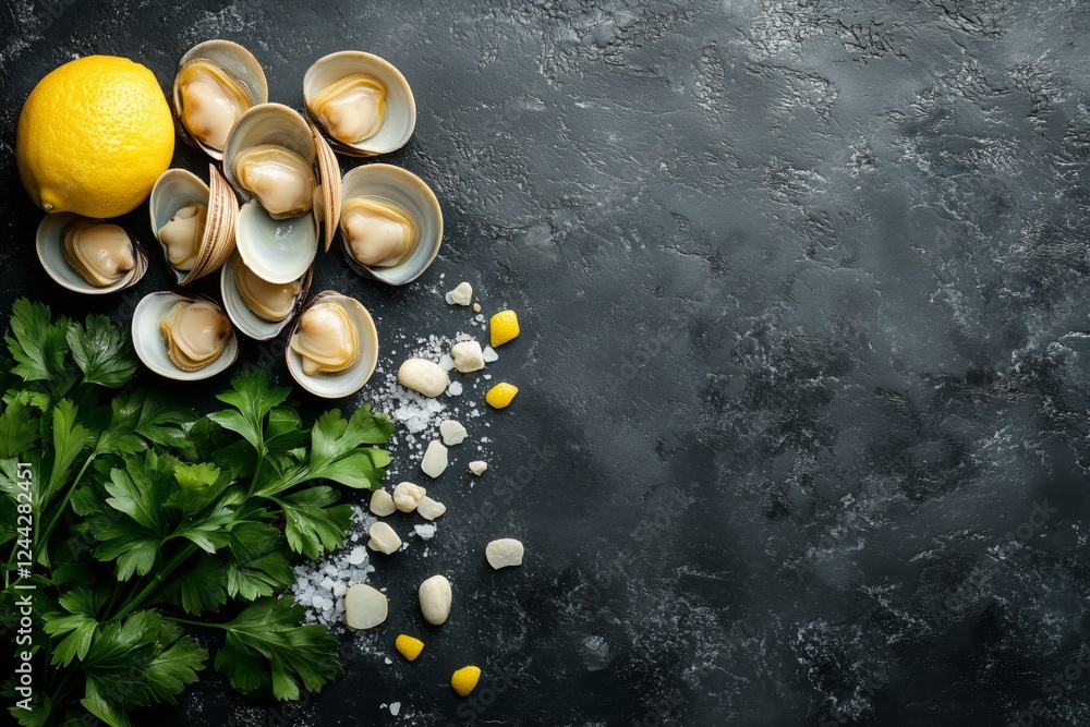 Poster fresh clams with lemon and parsley on a dark textured surface in a culinary setting