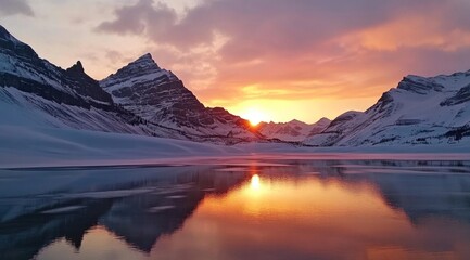 Majestic Sunset over Snowy Mountain Lake