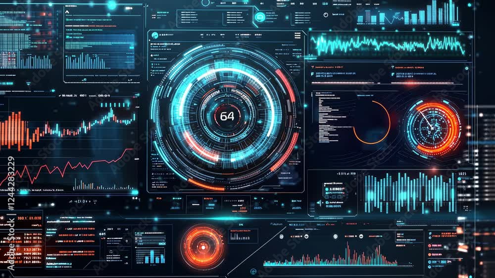 Poster futuristic data visualization with dynamic technical interface and cyber elements