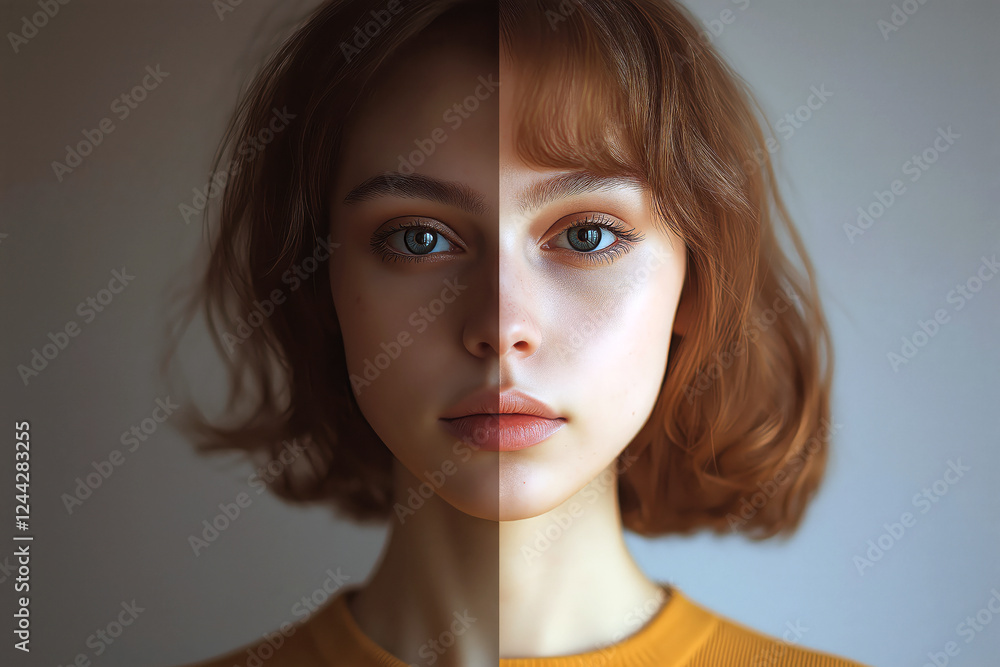 Poster split-screen of the same person, one side real and the other side artificially generated.