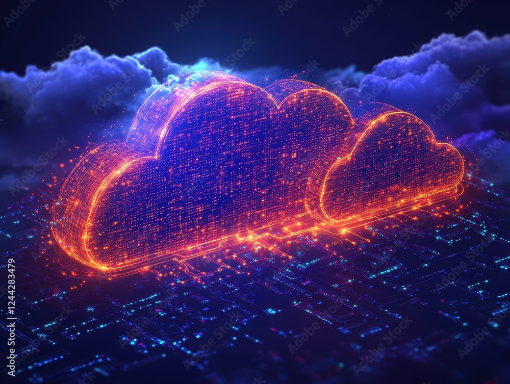 Aufkleber a digital cloud symbol surrounded by glowing data particles and circuitry.