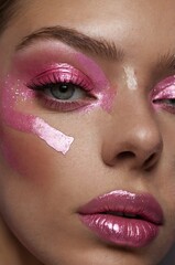 Fototapeta premium Creative beauty look with bold pink makeup highlighting a model's features in an artistic setting