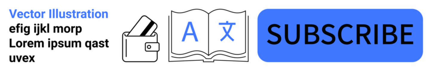 Open book, wallet with cards, and blue subscribe button. Ideal for education platforms, e-commerce, online subscriptions, language learning, digital libraries, financial management user engagement