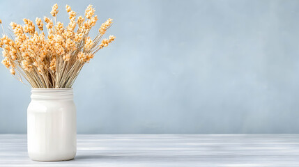 Dried wheat in vase on table, blue background, home decor, website banner